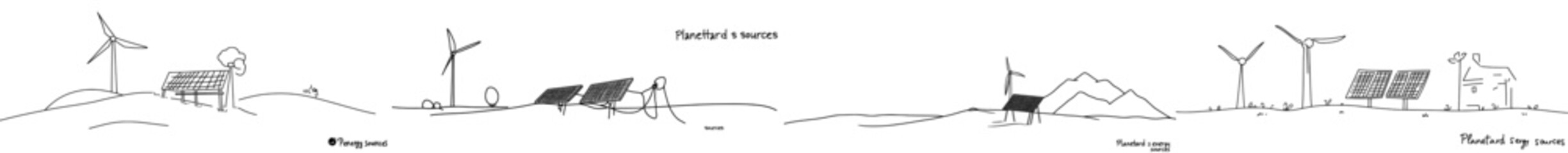 Poster - Drawing in simple linear style of a wind turbine and solar panel with the sun. Green energy and renewable resources. Concept of a power station. Editable strokes. Print-ready.