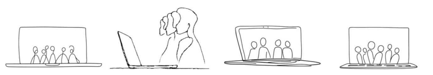 Fototapete - One line illustration of people on a screen in a virtual class. E-learning, online education concept on white background.