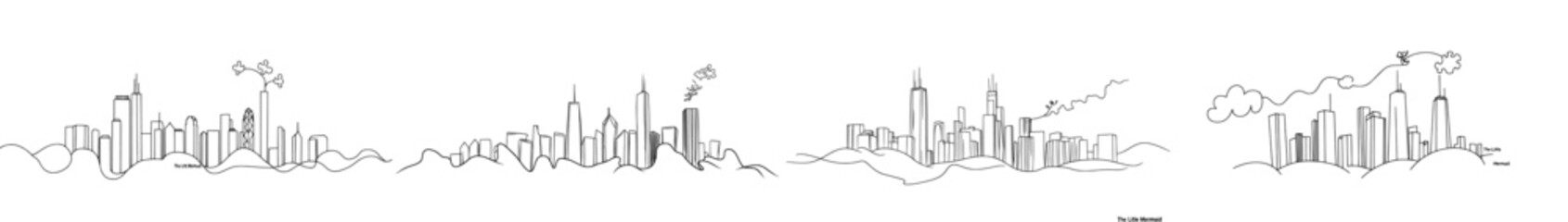 Wall Mural - A skyline view of Chicago with silhouettes of most famous buildings and towers. Black linear design on white background. Modern illustration.