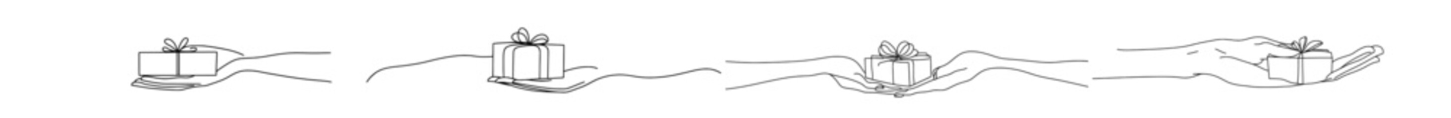 Fototapete - Continuous line of human hand holding gift box. Birthday symbol drawn on one line. Modern isolated background.