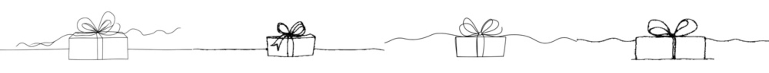 Poster - A gift box with ribbon is illustrated as a single line drawing on white, a geometric illustration in line art style