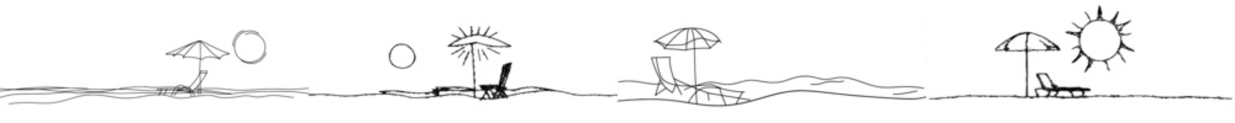Poster - Doodle outline modern illustration of beach umbrella and chair. Concept of holiday summer and vacation in paradise island and sea. Editable stroke. Doodle outline modern illustration.