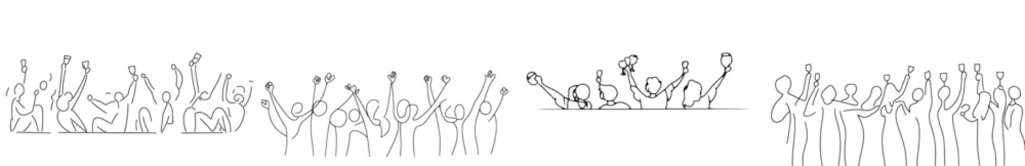 Poster - Crowd cheering illustration. Hands up. Three people standing at a concert or meeting, rejoicing. Continuous one line modern drawing. Females and males holding hands.