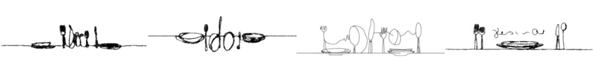 Poster - Isolated white background with continuous single line of cutlery.
