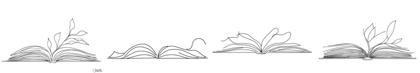 Aufkleber - A continuous line drawing of an open book illustrating the concept of education and literature