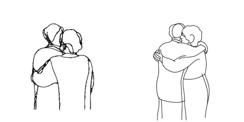 Aufkleber - An elderly couple walks and hugs in continuous line. Illustration of a modern couple in a happy environment.