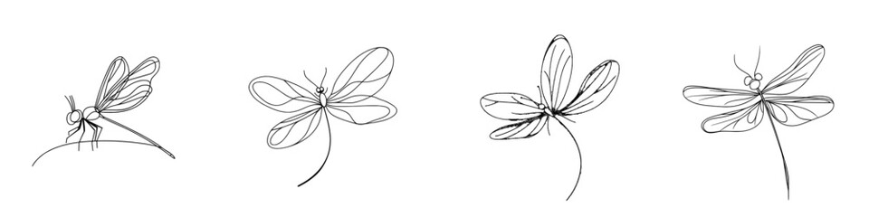 Leinwandbilder - Drawing with one continuous line. Flying dragonfly logo, in black and white. Logo, card, banner, poster, or flyer concept.