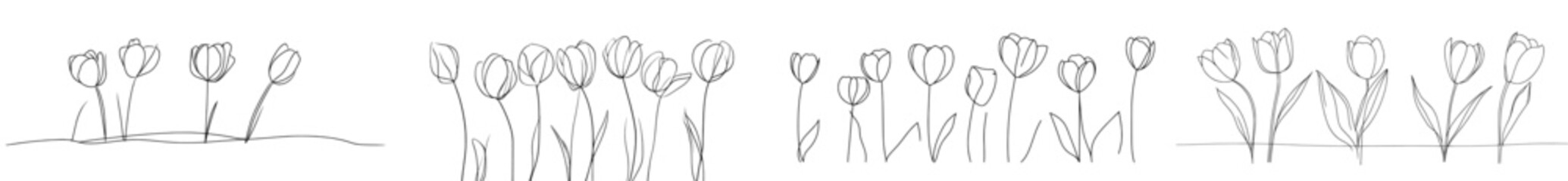Aufkleber - One line drawing of beautiful spring flowers in modern design. A bouquet of tulips on a transparent background with single line drawings.