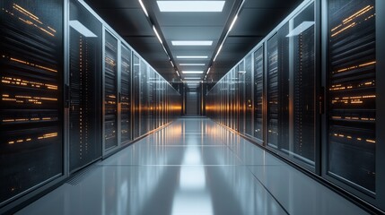 Poster - A long hallway with many computer servers