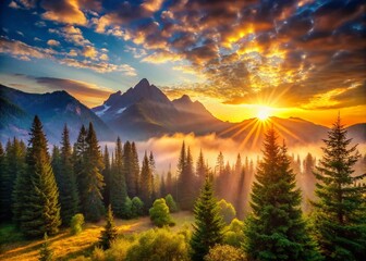 Wall Mural - Breathtaking Sunrise Over Mountains and Trees - Surreal Morning Landscape Photography