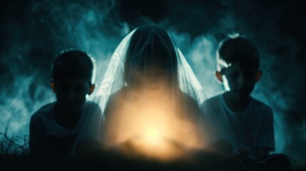 A mysterious scene with two children flanking a figure in a veil, glowing softly in the dark amid a smoky atmosphere.