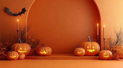 Halloween display podium with 3D Jack O' Lantern pumpkins and candlelight on an orange paper graphic background