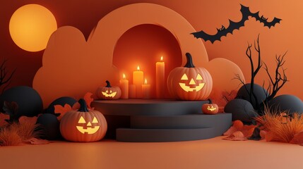 Halloween display podium with 3D Jack O' Lantern pumpkins and candlelight on an orange paper graphic background