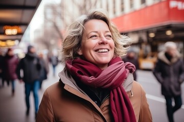 Portrait of a happy senior woman in the city. Shallow depth of field.