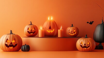 Halloween display podium with 3D Jack O' Lantern pumpkins and candlelight on an orange paper graphic background