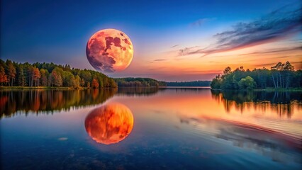 Wall Mural - A breathtaking panoramic view of a red moon shining brightly above a serene and peaceful lake, night sky, water