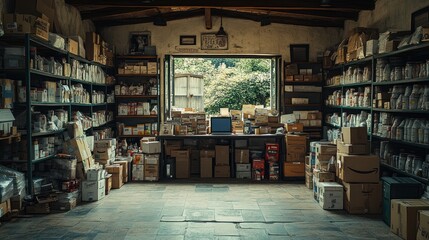 A small, cluttered warehouse with shelves full of supplies and boxes stacked in the foreground. A window at the back reveals a view of trees and a building.