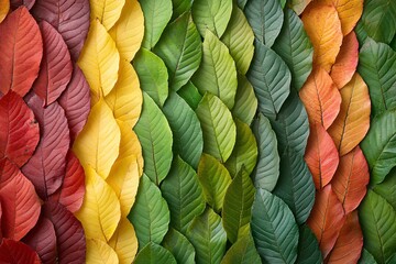 A vibrant display of autumn leaves arranged in a gradient of colors against a neutral backdrop