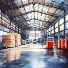 Poster - Large Industrial Warehouse Interior with Pallets, Forklifts and Barrels.