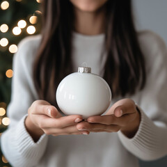 Wall Mural - a woman holds a beautiful painted christmas tree ball, preparing to create festive decorations.