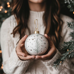 Wall Mural - a woman holds a beautiful painted christmas tree ball, preparing to create festive decorations.