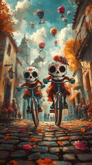 Playful sugar skull characters riding on colorful bicycles down a cobblestone street