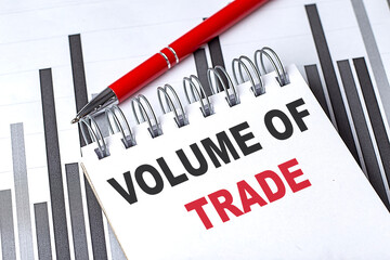 Poster - Volume of trade concept with notebook, red pen, and financial charts on a desk