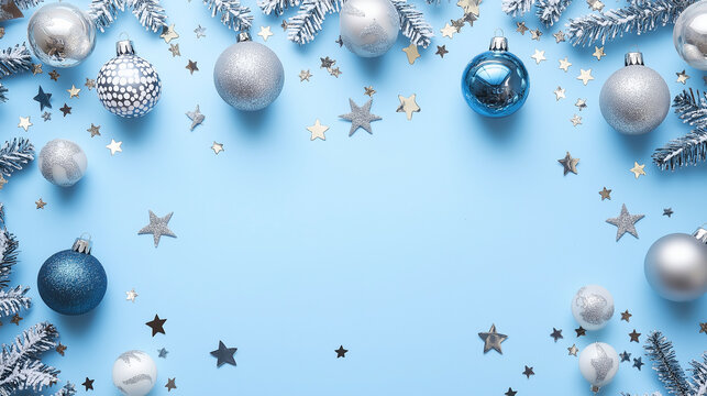 christmas decorations on blue background, christmas concept, copy space, flat lay, top view