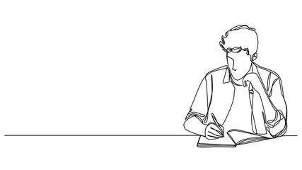 Wall Mural - animated continuous single line drawing of young man taking notes in journal, line art animation