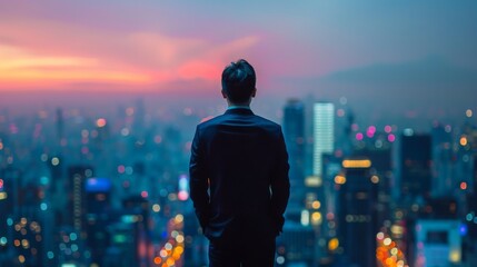 A corporate executive gazes at the city skyline, dreaming of new business ventures and future success. Copy space