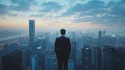 A corporate executive gazes at the city skyline, dreaming of new business ventures and future success. Copy space