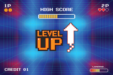 Poster - level up. pixel art .8 bit game. retro game. for game assets .retro futurism sci-fi background. glow