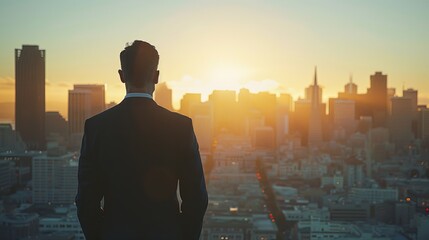 A corporate executive gazes at the city skyline, dreaming of new business ventures and future success. Copy space