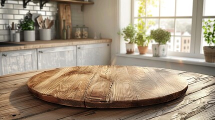 Bright kitchen with a round wooden table, ideal for product displays or food photography