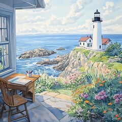 Wall Mural - Watercolor Painting of a Lighthouse and Ocean View from a Window.