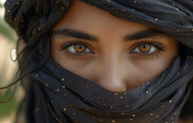 Close-up portrait of a woman with captivating eyes in desert attire. Generative AI image