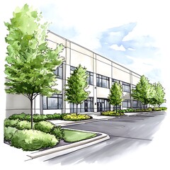 Sticker - Watercolor Illustration of a Modern Commercial Building with Landscaping.