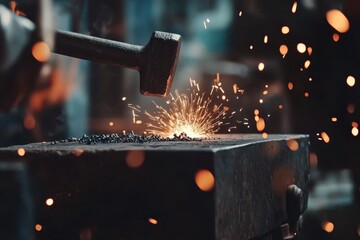 Anvil: Blacksmith Forging Molten Metal with Hammer in Smithy Workshop