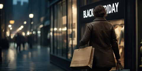 A young woman with shopping bags on black friday