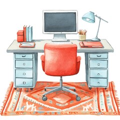 Canvas Print - Watercolor Illustration of a Home Office Desk with a Red Chair and a Rug.