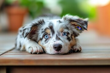 Australian Shepherd Puppy. Portrait of a Beautiful Miniature Shepherd Dog Lying Outdoors