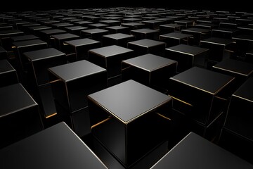 Poster - Abstract arrangement of black cubes with golden edges on a dark background.