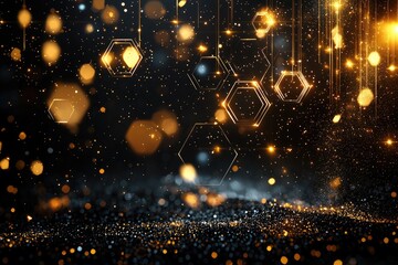 Poster - Golden hexagons and bokeh lights against a dark background, shimmering illusion.