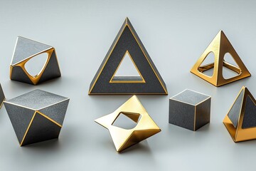 Poster - Geometric shapes in gold and gray on a light background, artistic composition.