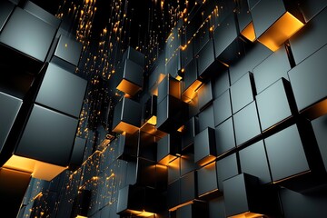 Poster - Futuristic black cubes with glowing orange accents in a dynamic digital environment.