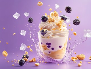 Delicious Berry Blast. Blueberry Gelato and Fresh Blackberries with Ice Splash in Glass, on Purple Background