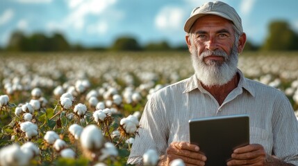 Poster - A man with a white hat and beard is sitting in a field of cotton