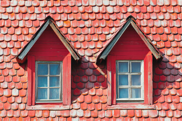 Close-up of a red-tiled roof with intricate design on a traditional house with dormers.

