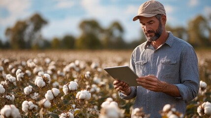 Poster - A man is standing in a field of cotton plants, looking at a tablet