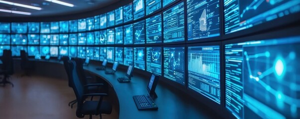 Poster - A high-tech control room filled with multiple monitors displaying data streams and analytics in blue tones, highlighting advanced technology and information processing.